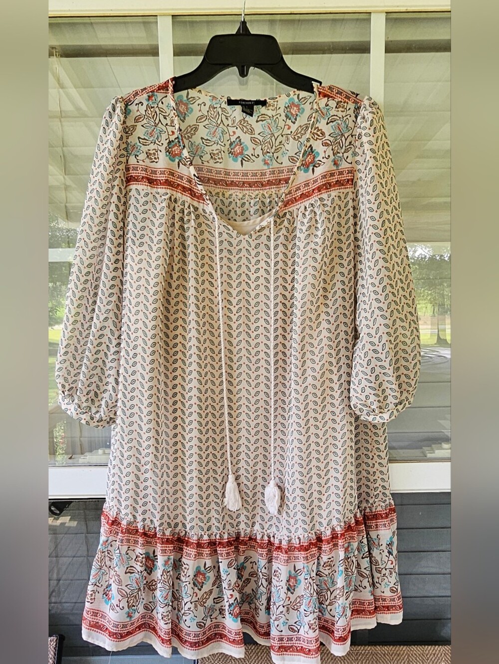 Forever 21 Boho Peasant Dress with Turquoise & Rust Floral Print Size Lrg.